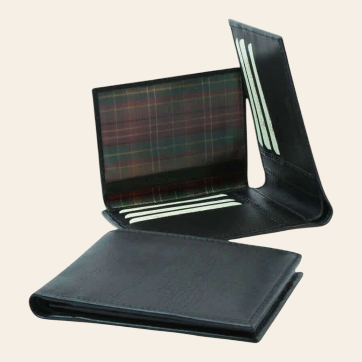 Portafoglio grande in pelle nera RFID con fodera a quadri e fessure per carte.