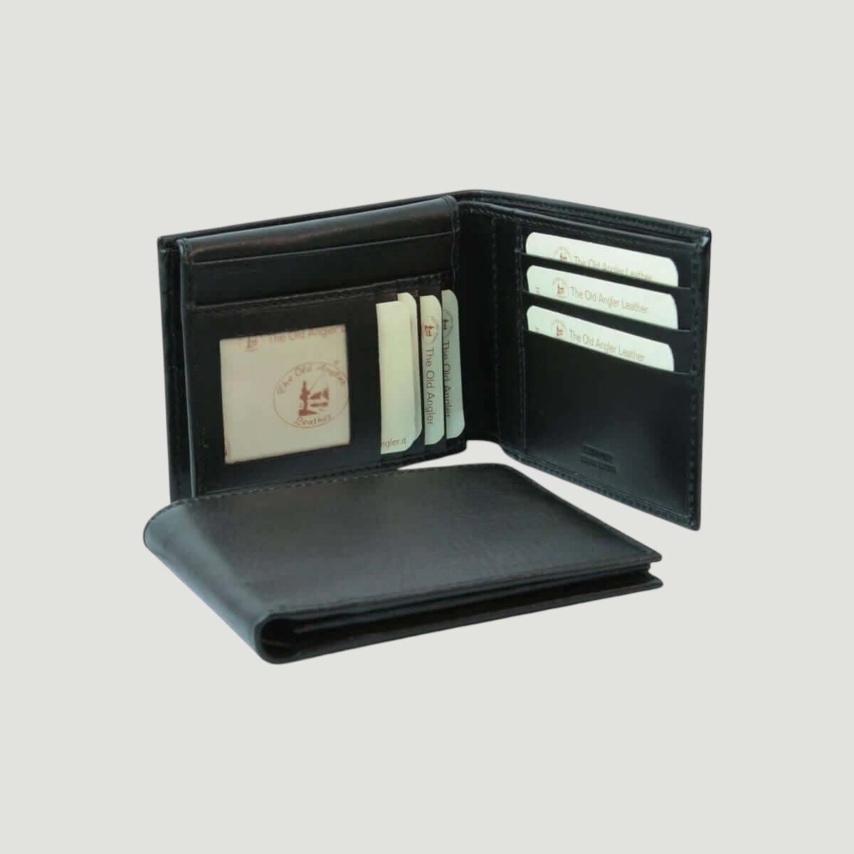 Portafoglio grande in pelle nera RFID, interno con tasche carte e scomparto banconote.