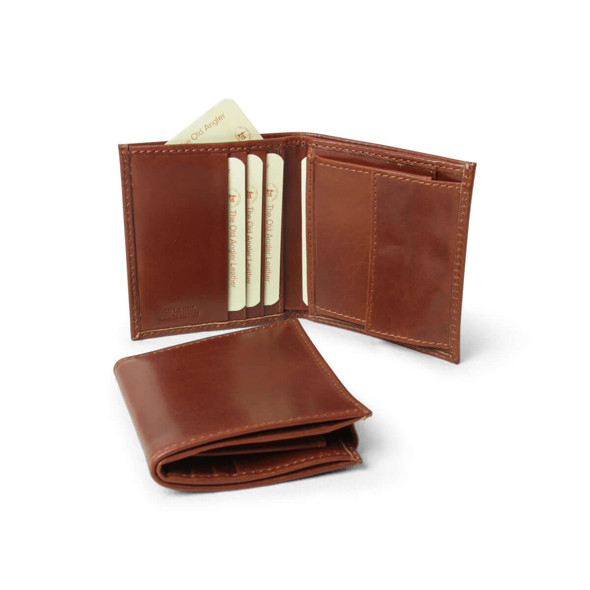 Portafoglio pelle marrone RFID aperto, con scomparti per carte di credito e porta spiccioli, design elegante e funzionale.