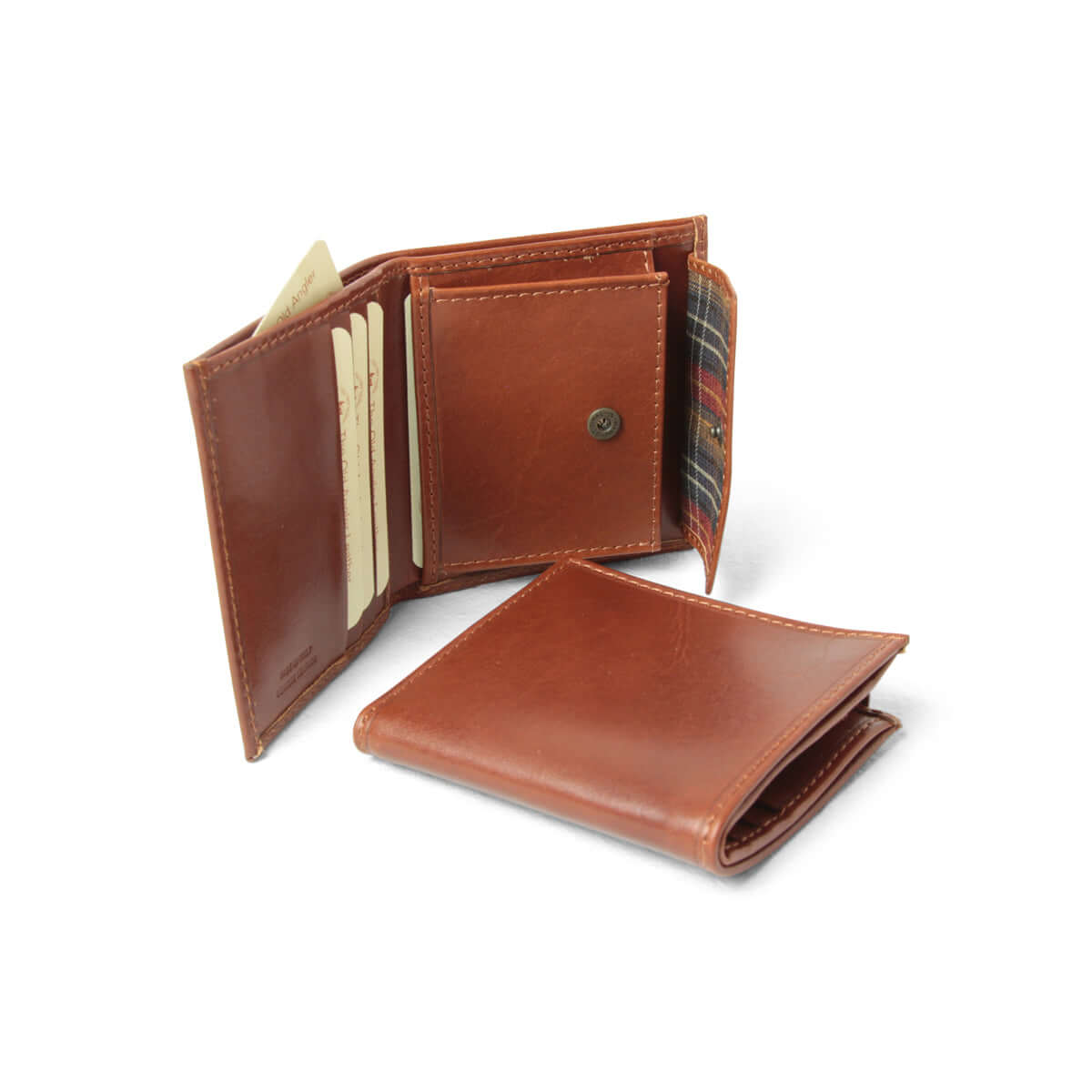 Portafoglio pelle marrone RFID con scomparti e foderato in scozzese, made in Italy.