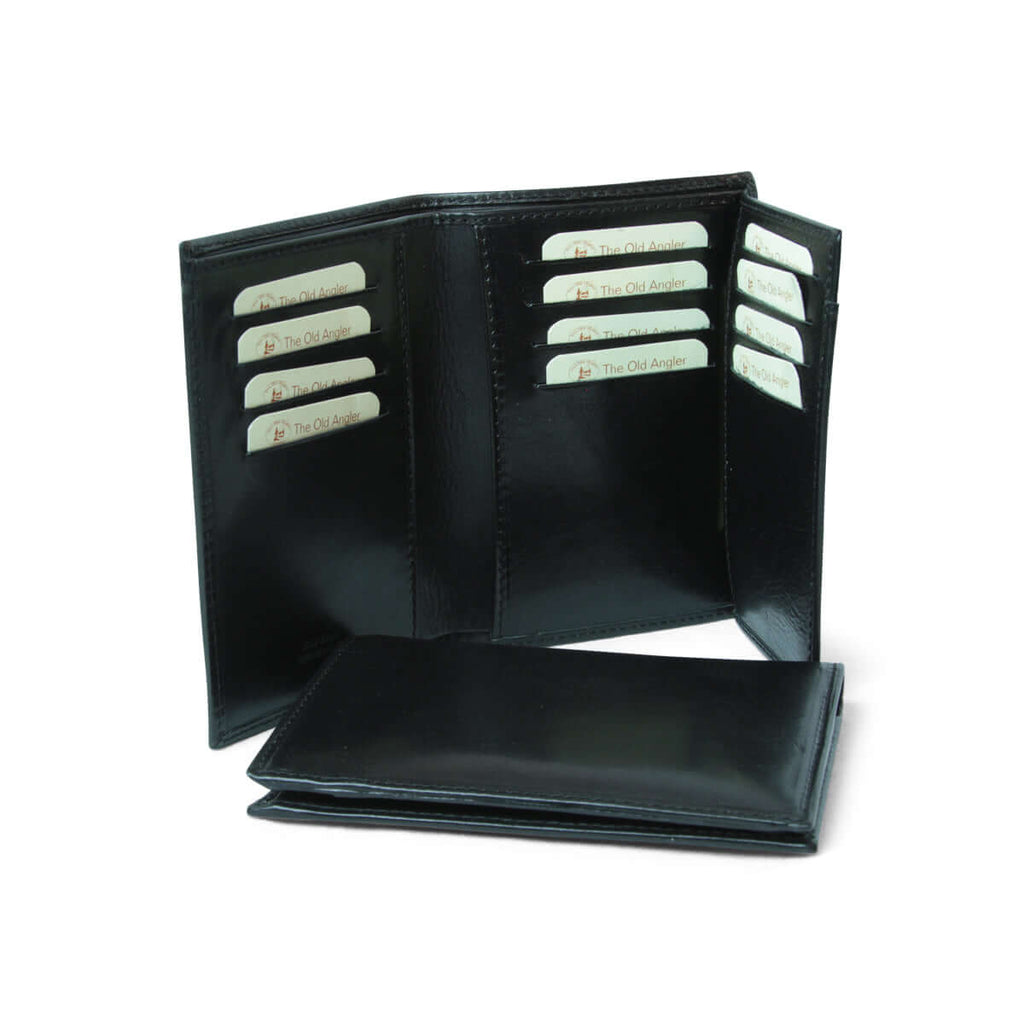 Portafoglio pelle nero con schermatura RFID, interno con tasche per carte di credito e comparto per banconote.