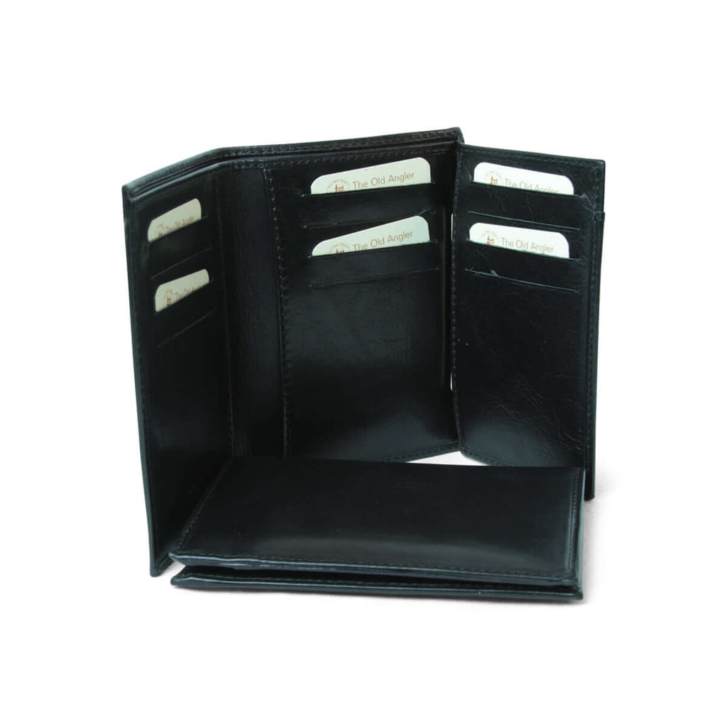 Portafoglio pelle nero con schermatura RFID, con tasche per carte di credito e documenti, in pelle bovina.