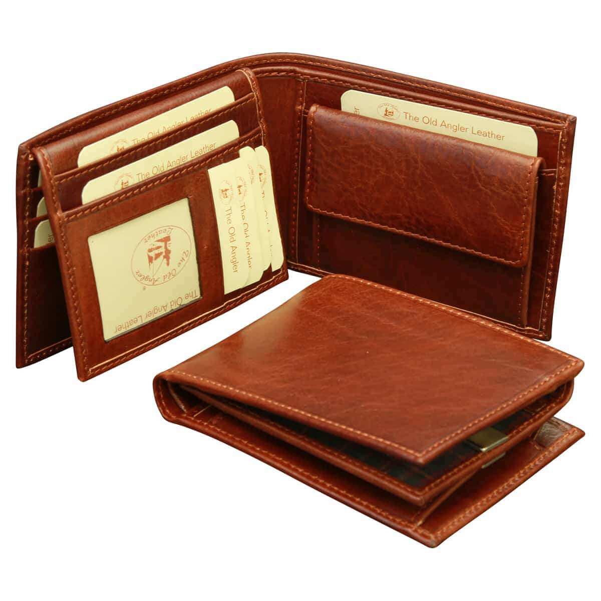 Portafoglio uomo cuoio RFID marrone con taschini per carte e portamonete in pelle artigianale.