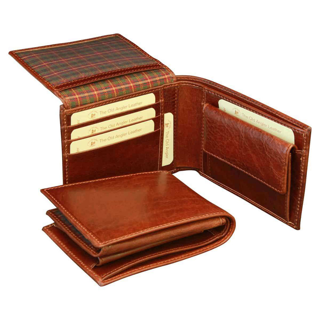 Portafoglio uomo cuoio RFID marrone, in pelle artigianale con tasche per carte e portamonete.