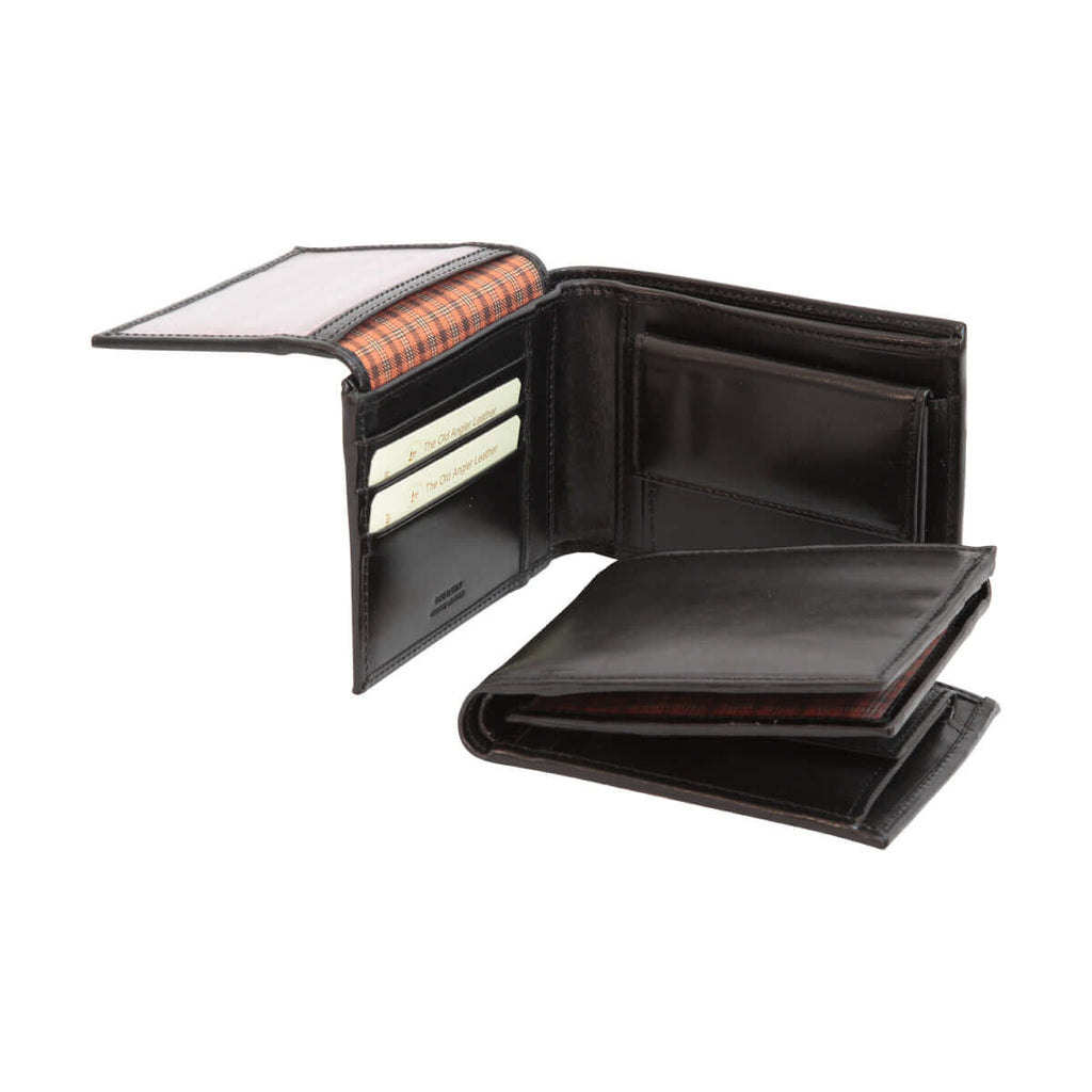 Portafoglio uomo in cuoio nero con tasche carte e portamonete, interno a fantasia.