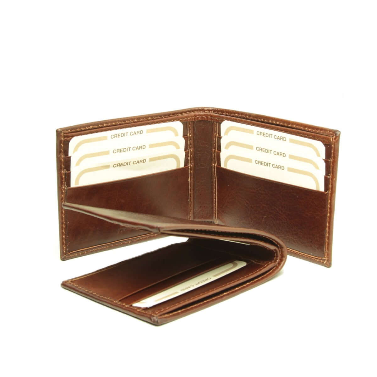 Portafoglio uomo pelle artigianale due scomparti in pelle marrone con slot per carte di credito.