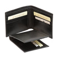 Portafoglio uomo pelle artigianale nero aperto con scomparti per carte e tasche interne.