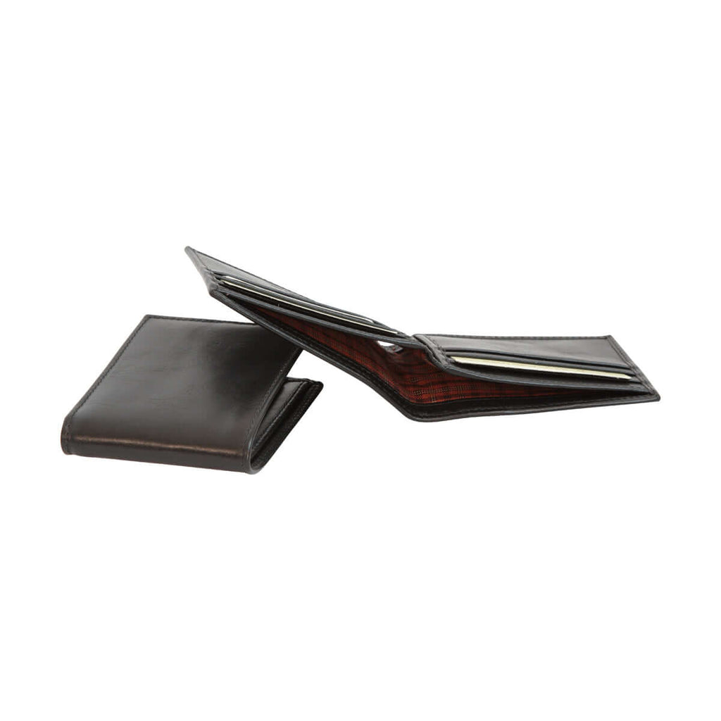 Portafoglio uomo pelle artigianale nero aperto con scomparti per carte e tasche, realizzato in pelle bovina.