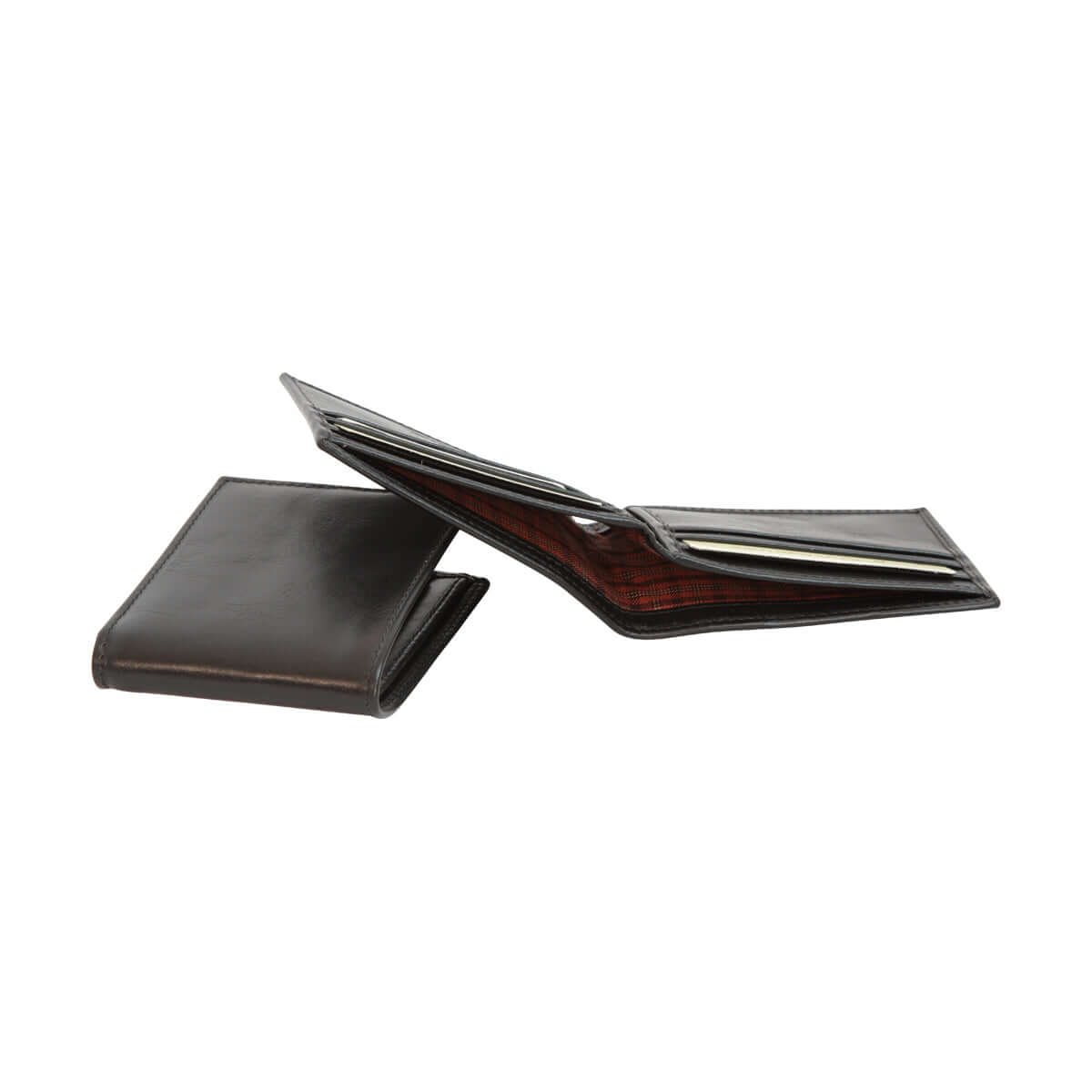 Portafoglio uomo pelle artigianale nero aperto con scomparti per carte e tasche, realizzato in pelle bovina.
