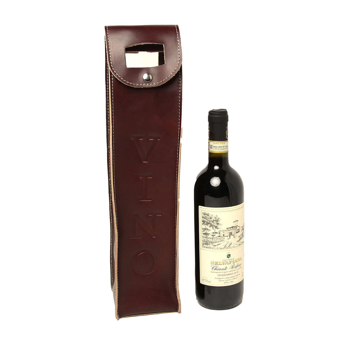 Portavino in pelle marrone di alta qualità con bottiglia di vino in mostra.