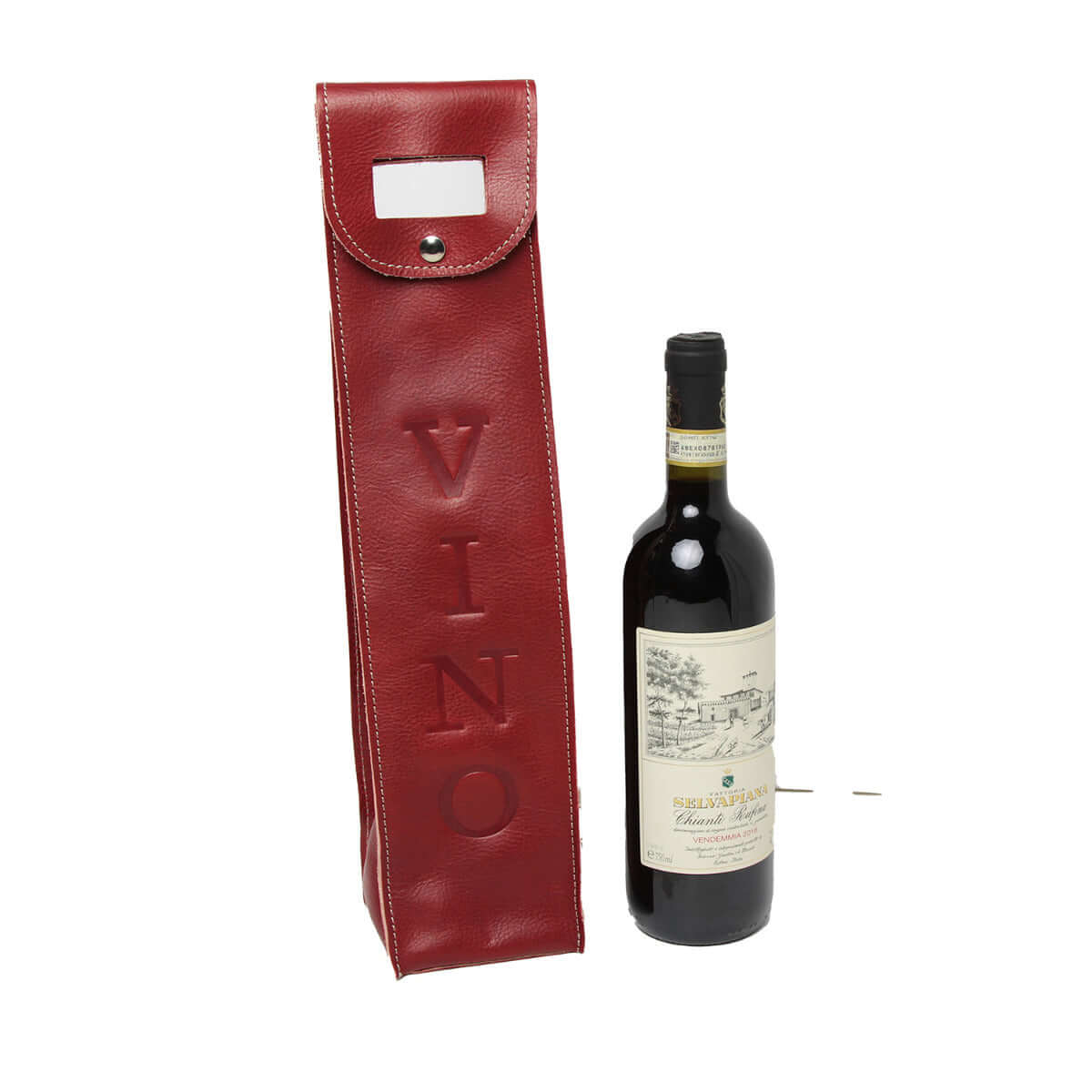 Portavino in pelle di alta qualità rosso con bottiglia di vino, design elegante e cuciture resistenti.