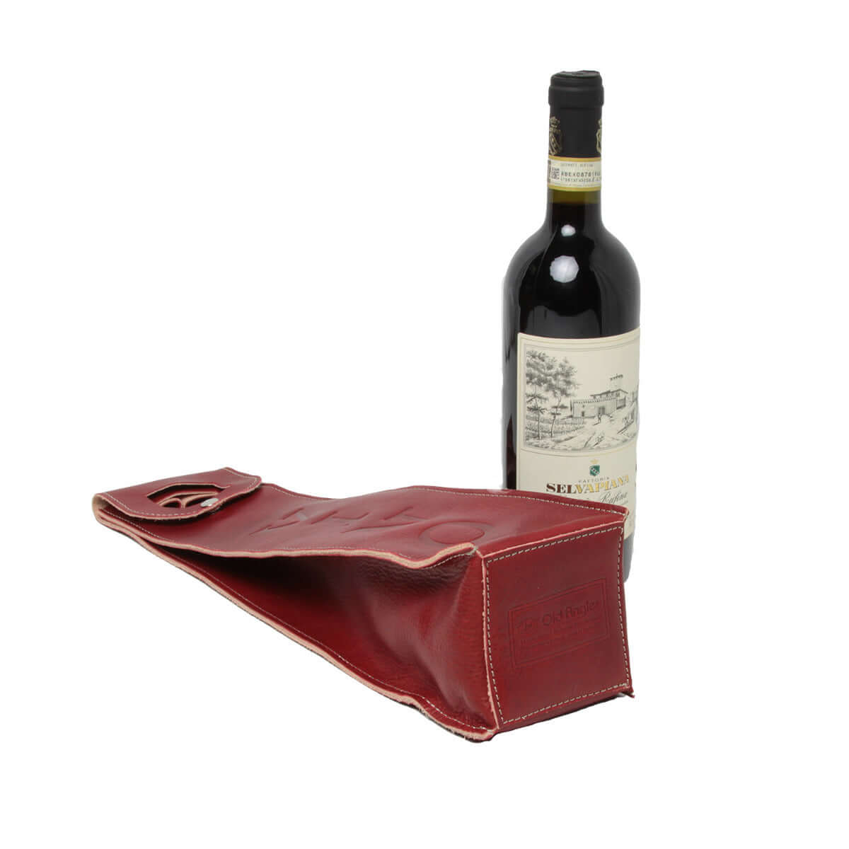 Portavino in pelle di alta qualità rosso accanto a una bottiglia di vino, elegante e pratico.