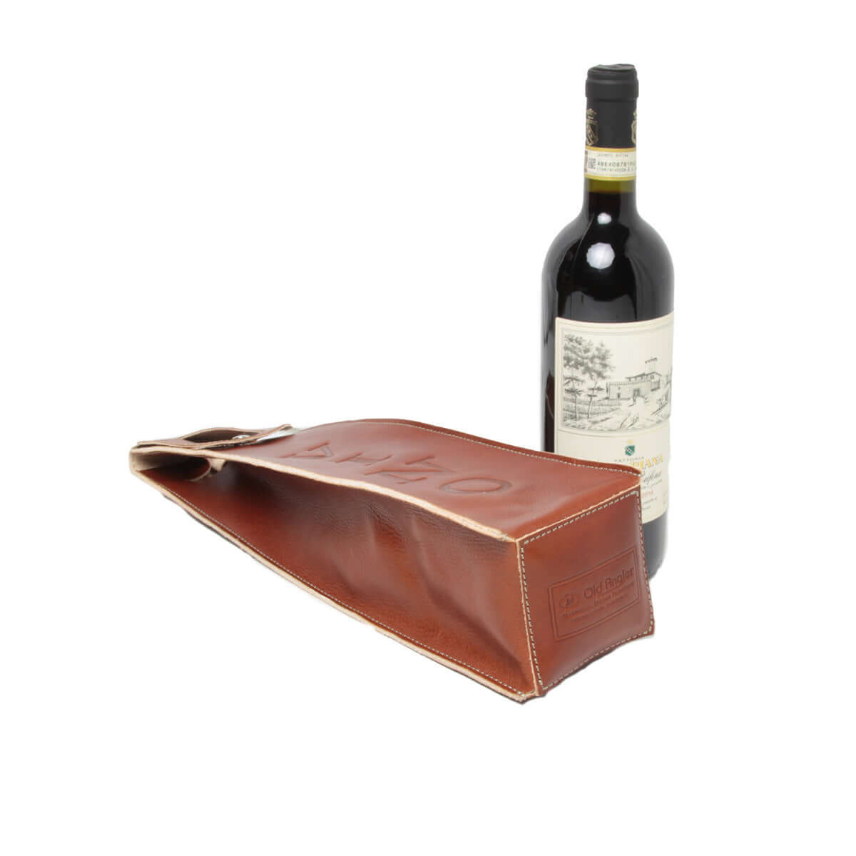Portavino in pelle teak di alta qualità con bottiglia di vino rosso in un'immagine elegante e raffinata.
