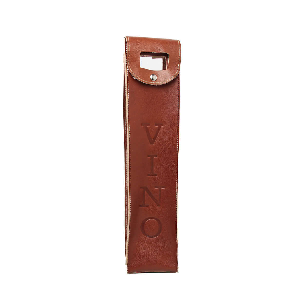 Portavino in pelle teak di alta qualità con cuciture eleganti e logo in rilievo 'VINO'.