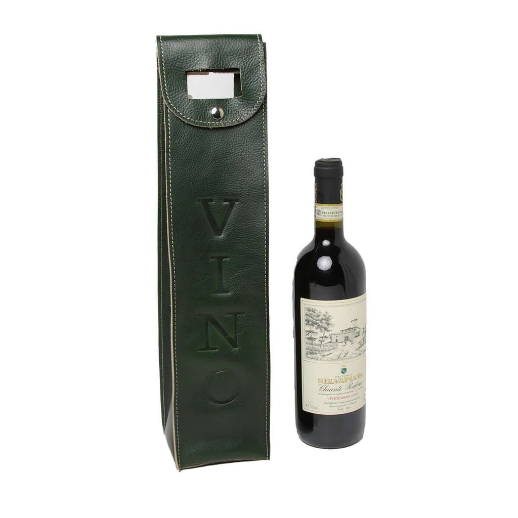Portavino in pelle verde di alta qualità con bottiglia di vino, elegante e pratico.