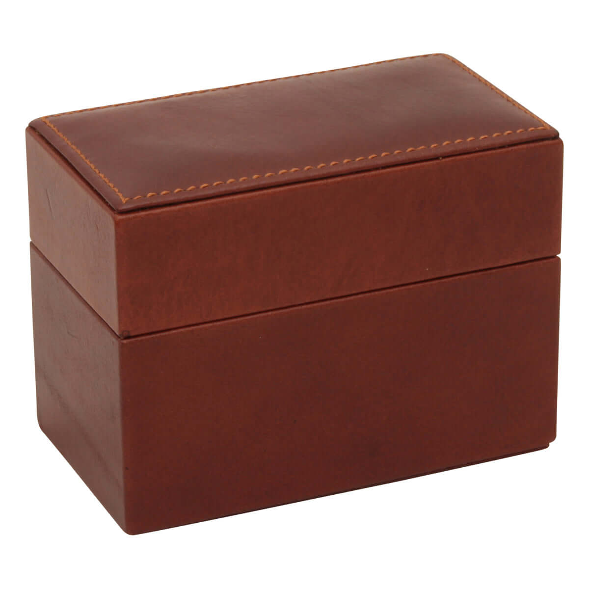 Scatola porta carte in pelle marrone chiusa con cuciture sul coperchio