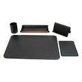 Set da scrivania in pelle 5 pezzi nero composto da mouse pad, vuotatasche, portapenne, supporto e sottomano.