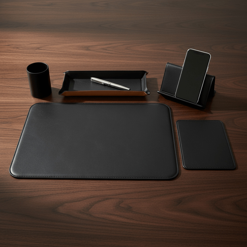 Set da scrivania in pelle nera 5 pezzi: tappetino, supporto smartphone, porta penne e accessori