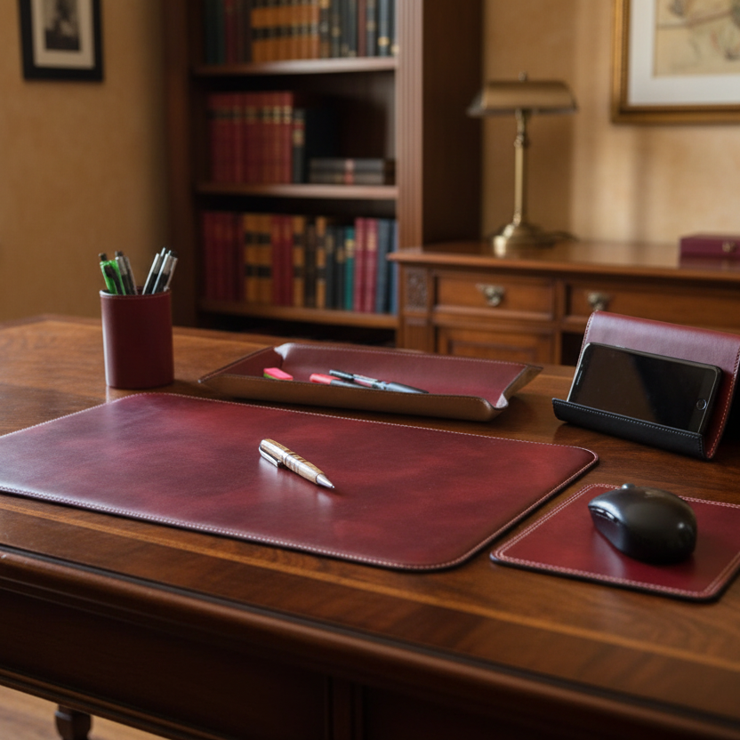 Set da scrivania in pelle rossa: tappetino, mousepad e vassoio sul piano