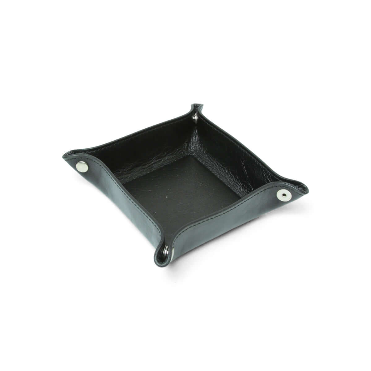 Vuotatasche in pelle nera, realizzato in pelle di vitello con bottoni, dimensioni 15x15x4 cm.