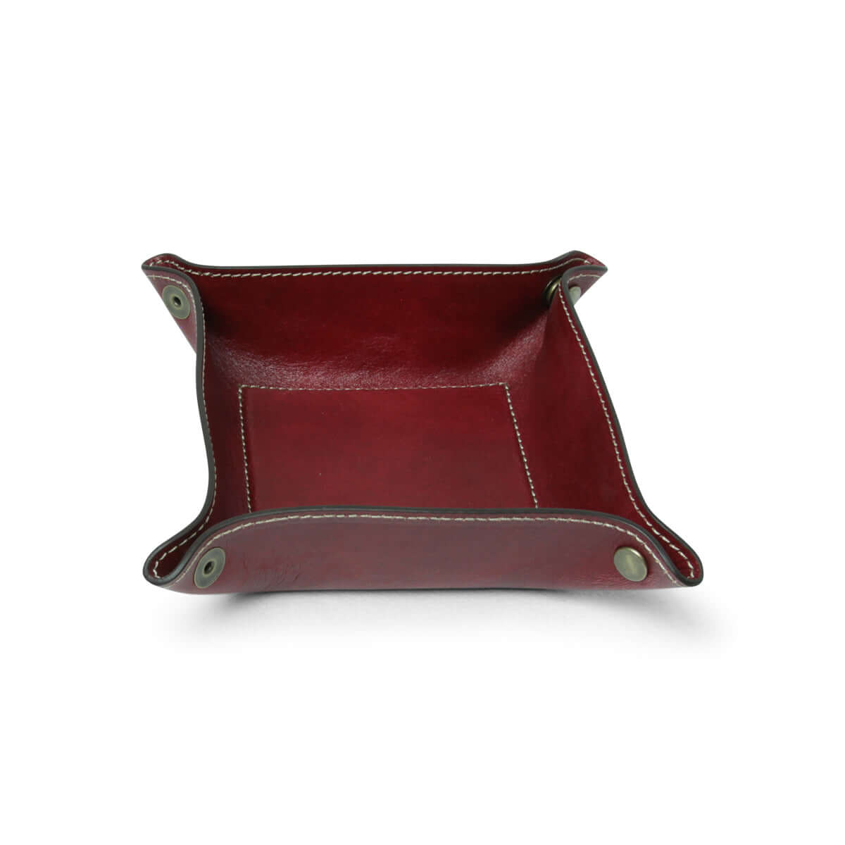 Vuotatasche in pelle rossa, elegante accessorio artigianale per organizzare oggetti personali.