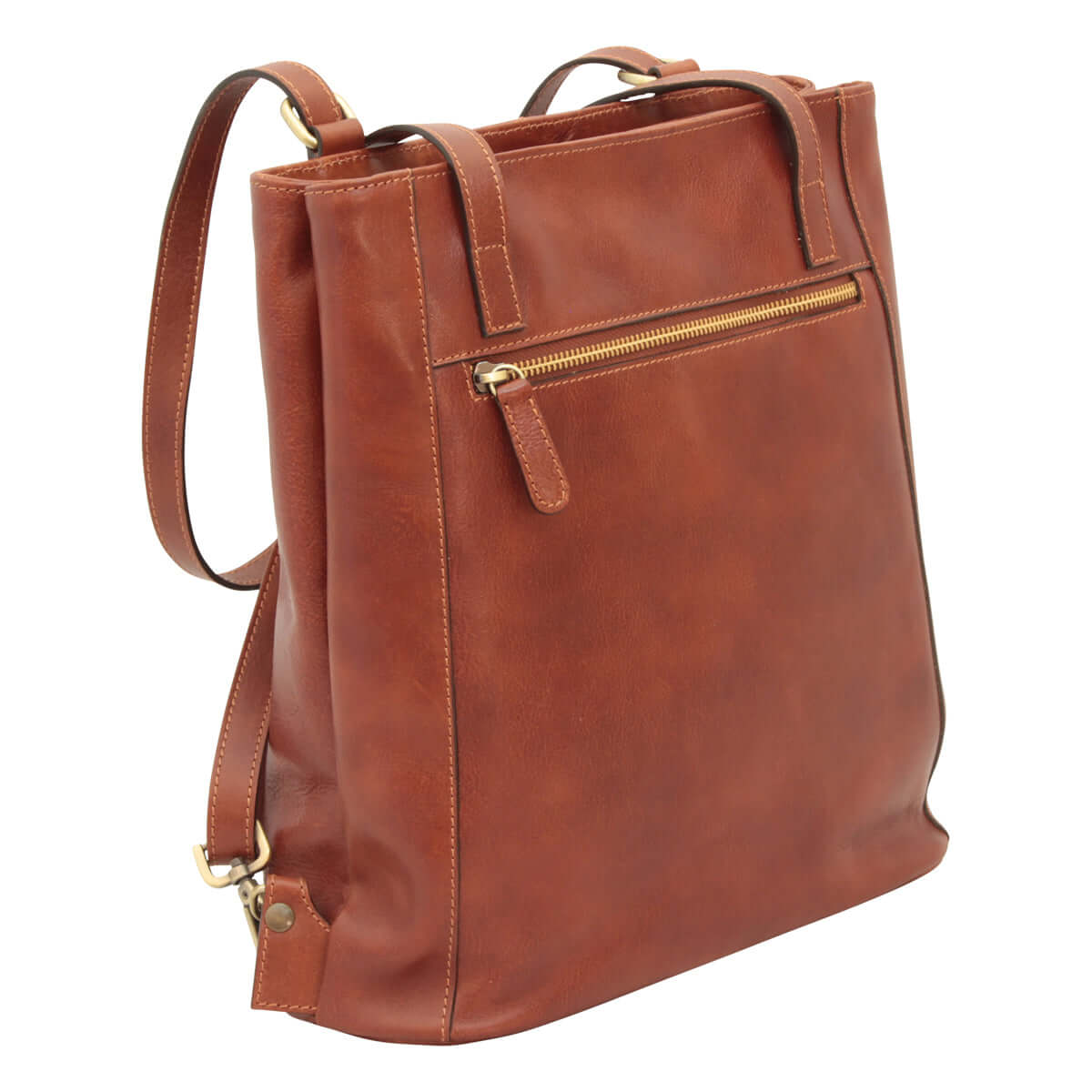 Zaino borsa a tracolla in pelle di vitello, due scomparti, tasche con zip, spallacci regolabili.