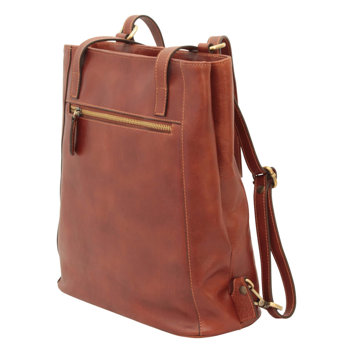 Zaino borsa a tracolla in pelle, design elegante in cuoio marrone con tasca esterna e spallacci regolabili.