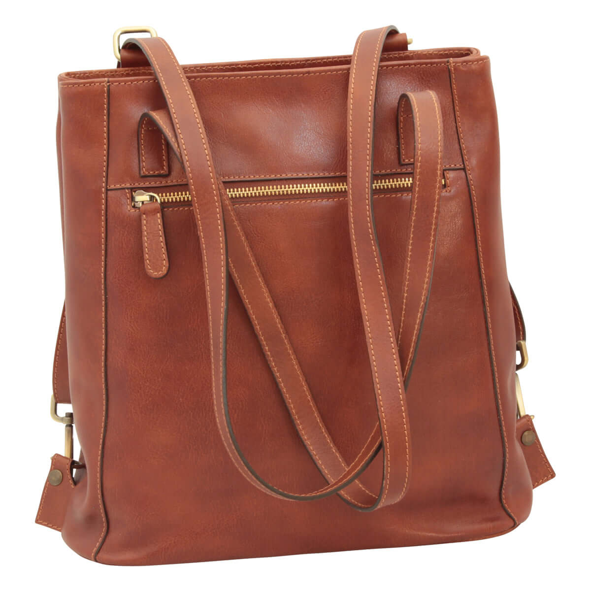 Zaino borsa a tracolla in pelle marrone con spallacci regolabili e tasche esterne, misura 30x32x11 cm.