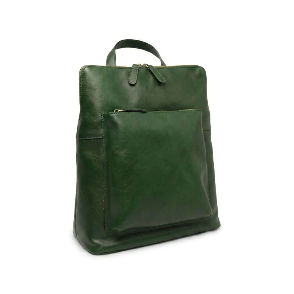 Zaino in pelle verde con tasche e scomparti interni, in pellame di vitello, misura 30x39x11 cm.