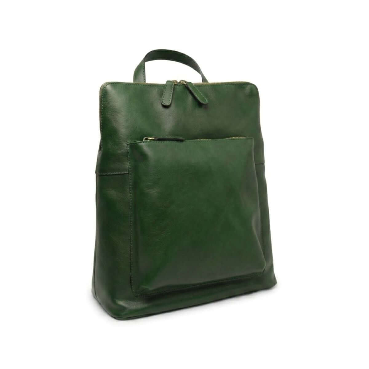 Zaino in pelle verde con tasche e scomparti interni, in pellame di vitello, misura 30x39x11 cm.