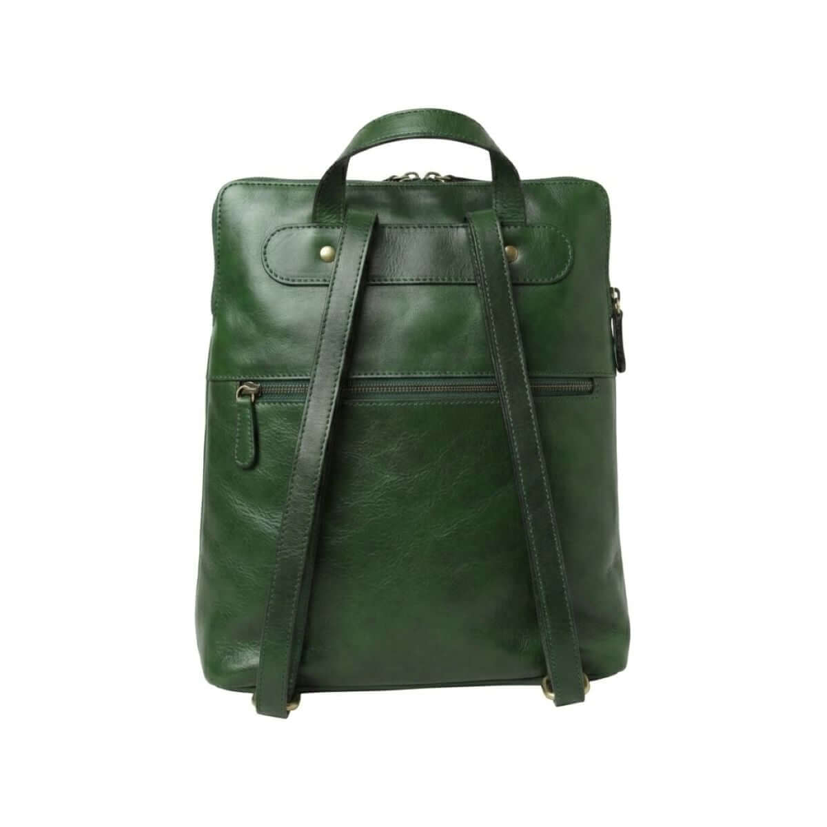 Zaino in pelle verde con tracolle regolabili e scomparti interni, in pelle di vitello, misure 30x39x11 cm.