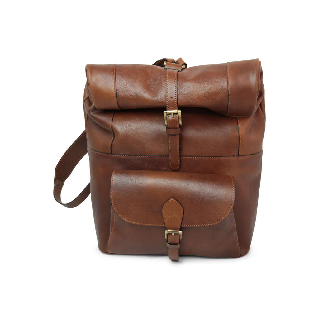 Zaino pelle vitello castagna, zaino in pelle marrone con regolazioni, fibbie e tasche esterne.