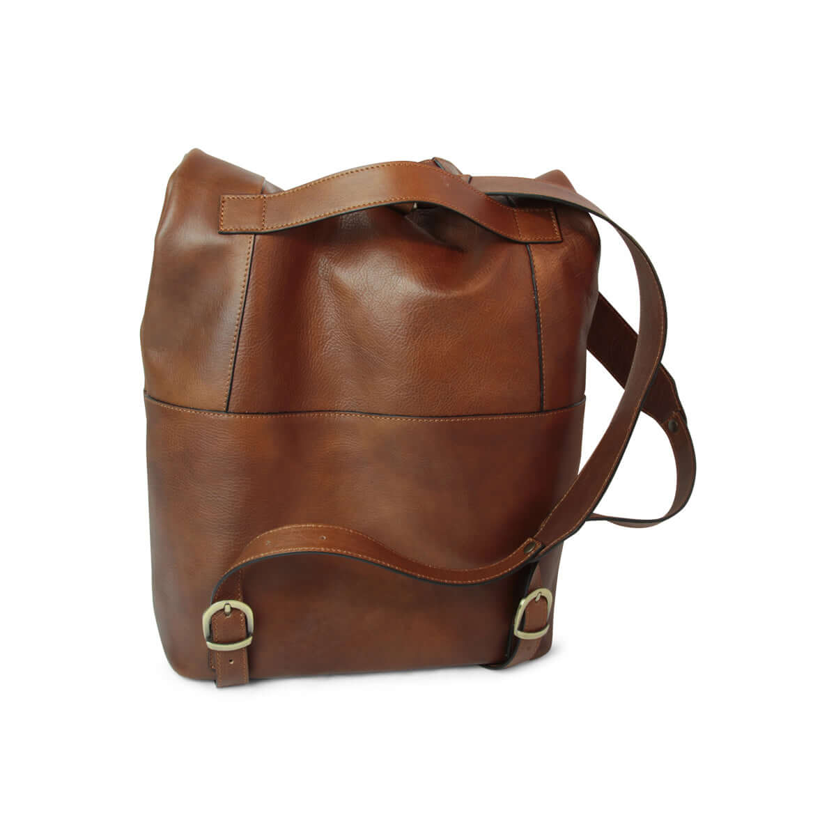 Zaino pelle vitello castagna con tracolle regolabili e chiusura in fibbia, design elegante e pratico.