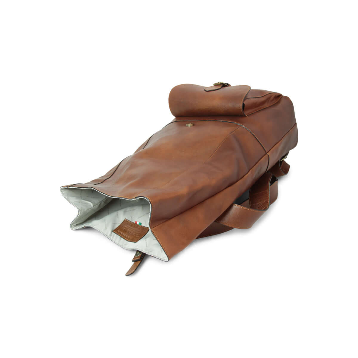 Zaino pelle vitello castagna, zaino in pelle di vitello pieno fiore con tasche e tracolle regolabili.