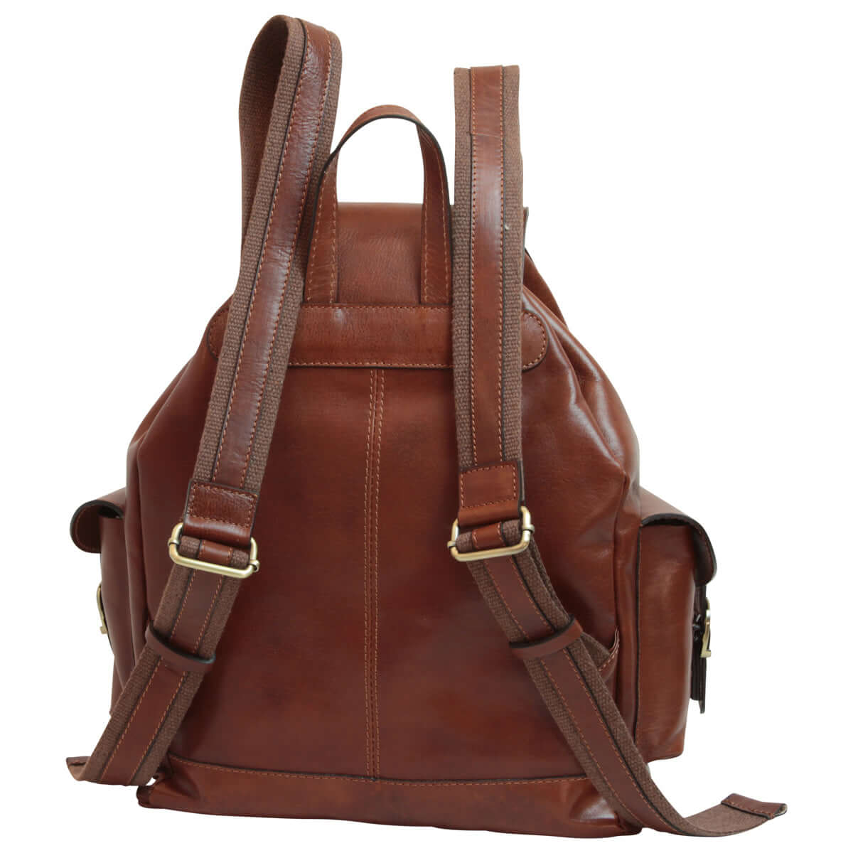 Zaino pelle marrone tre tasche visto da dietro con tracolle regolabili in pelle e dettagli eleganti.