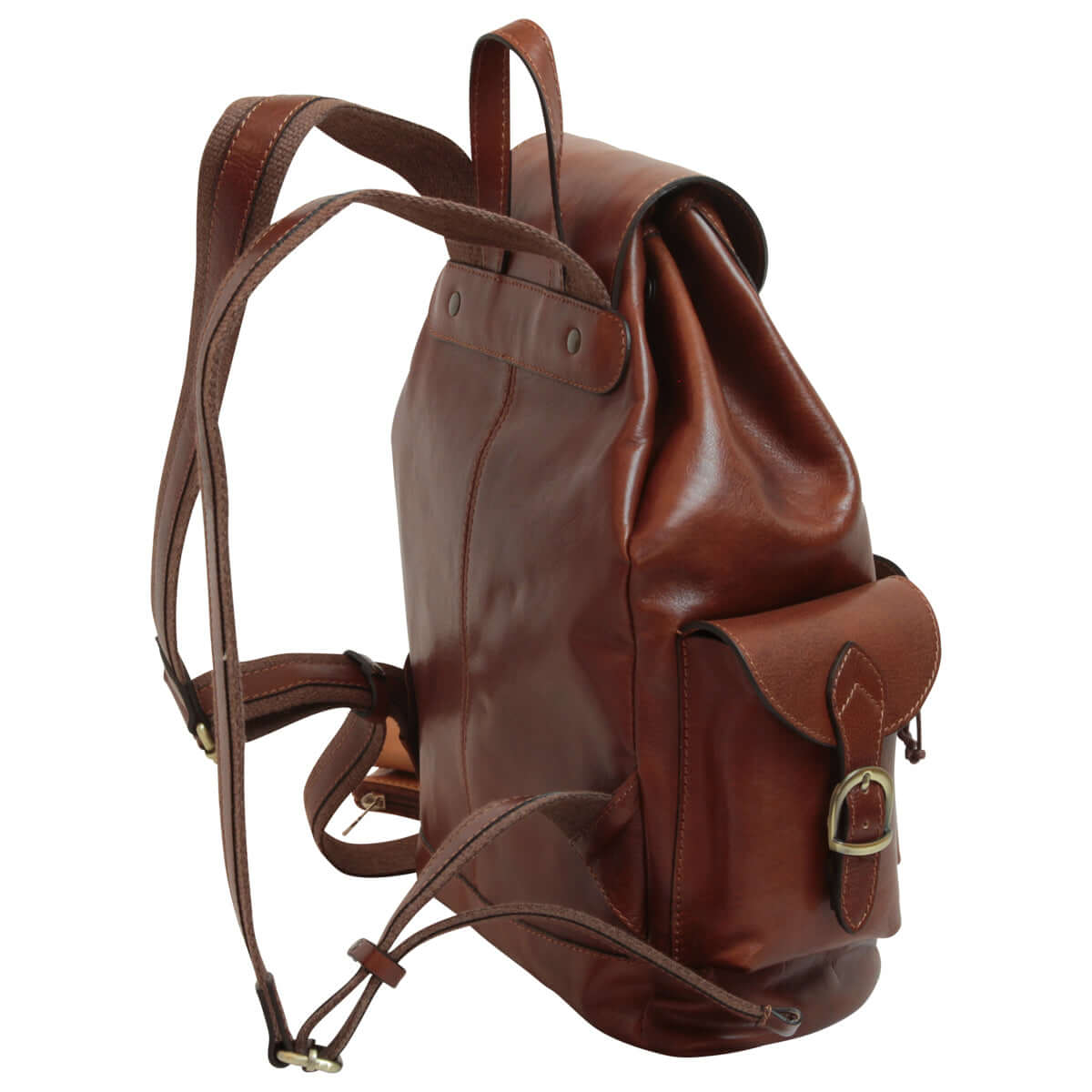 Zaino pelle marrone tre tasche, realizzato in pelle di vitello con tre tasche esterne e manico regolabile.