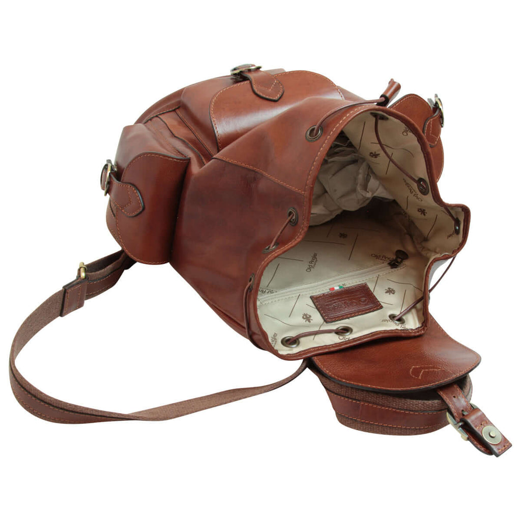 Vetrina Fiorentina -Zaino in pelle con 3 tasche frontali. Marrone-