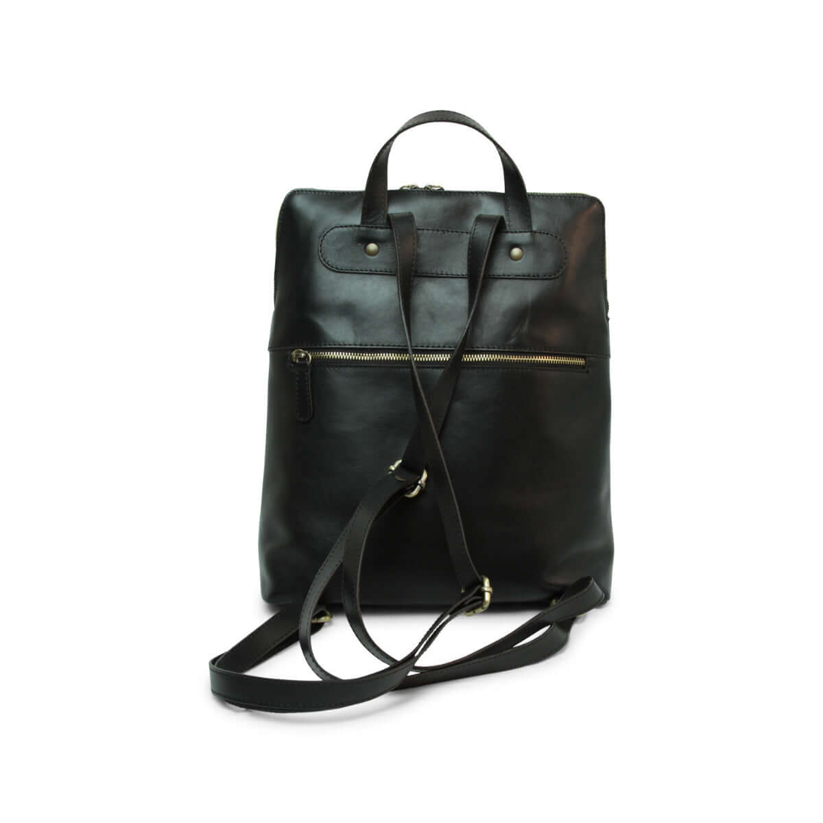 Zaino in pelle nero con scomparti interni e tracolle regolabili, stile elegante e pratico.