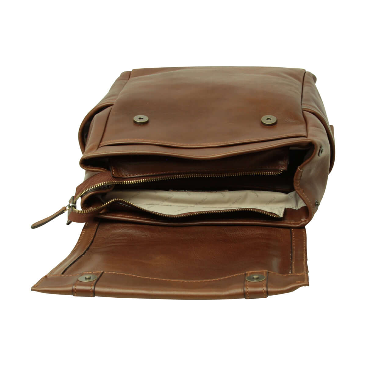 Interno dello zaino in pelle per laptop trolley con scomparti e cerniera, colore castagna.