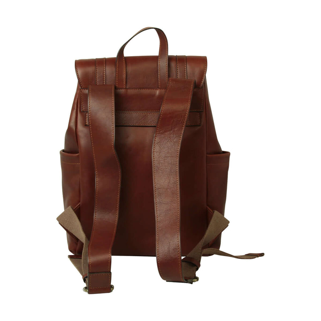 Zaino pelle laptop marrone mogano con fasce regolabili e tasche esterne, vista posteriore.