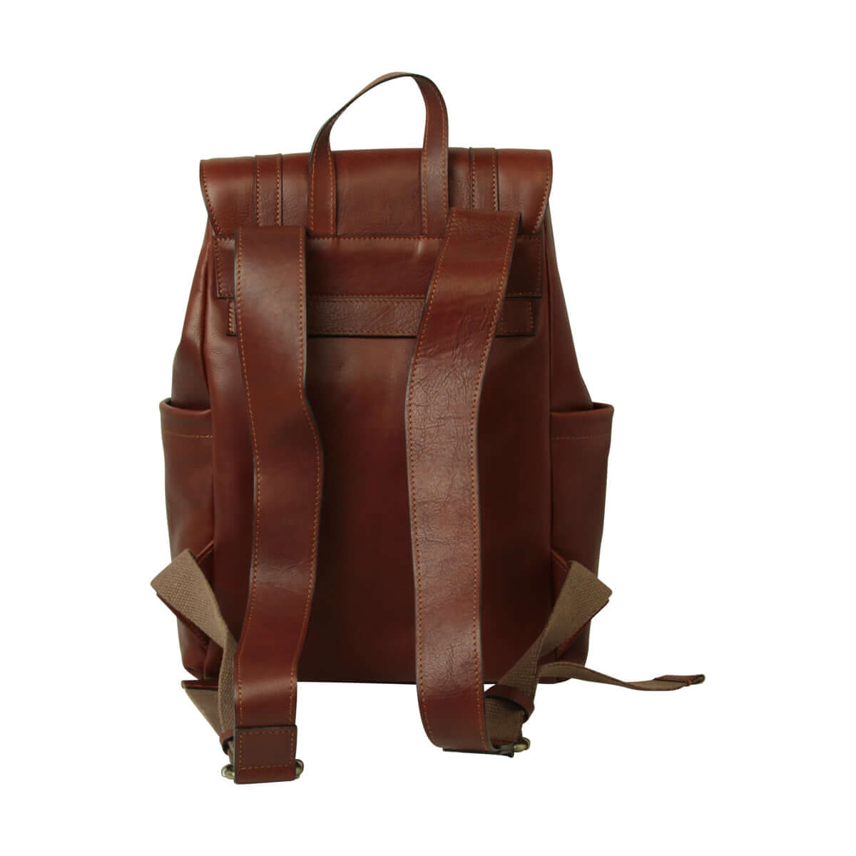 Zaino pelle laptop marrone mogano con fasce regolabili e tasche esterne, vista posteriore.