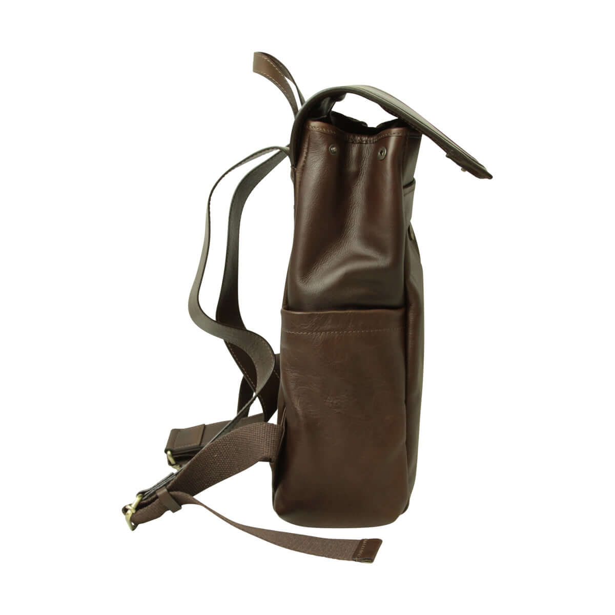 Zaino in pelle per laptop marrone scuro con tasca laterale e tracolla regolabile. Ideale per viaggi.