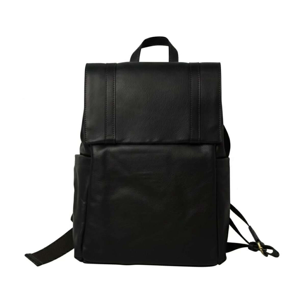 Zaino in pelle per laptop con fascia per trolley- Nero, zaino pelle laptop trolley.