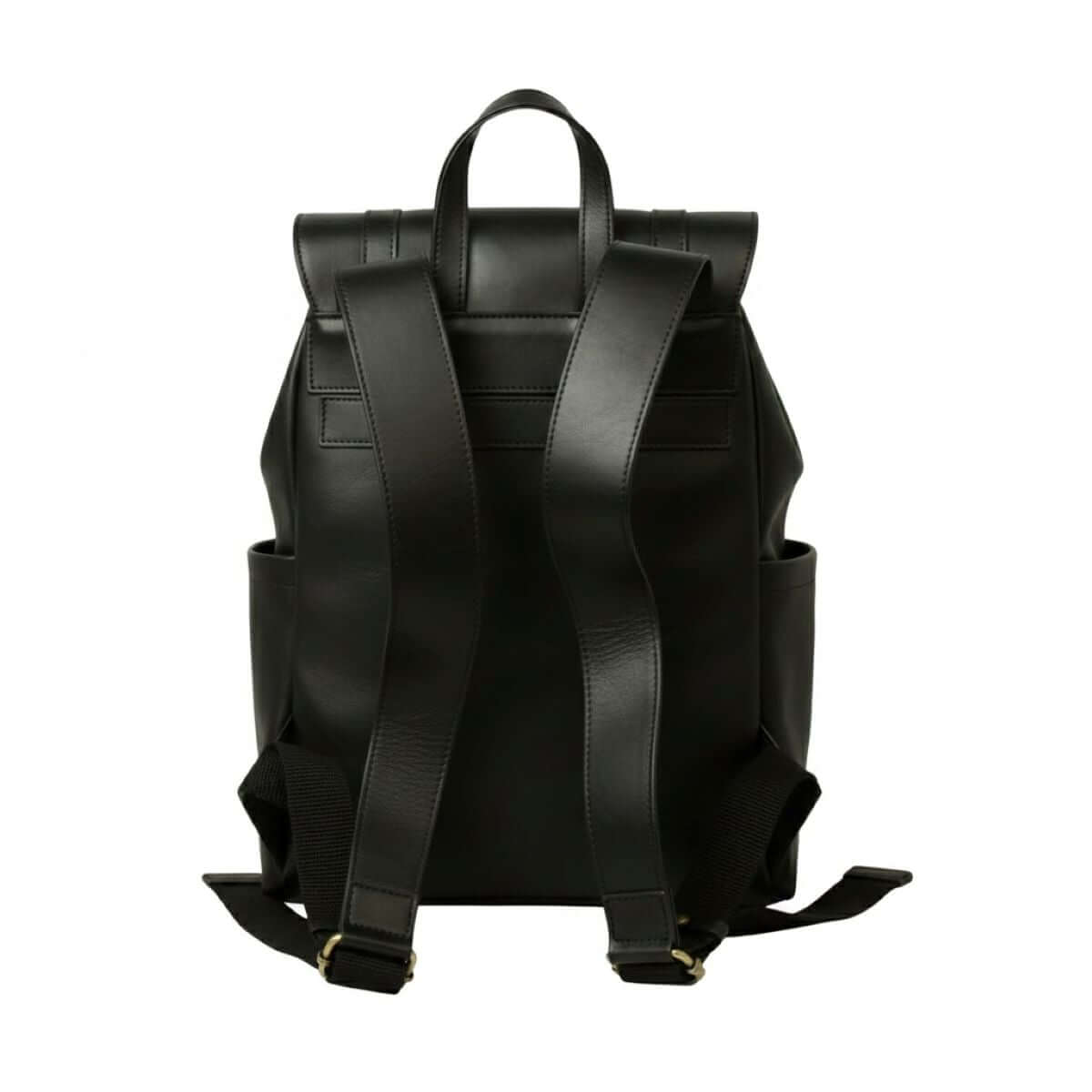 Zaino in pelle per laptop con fascia per trolley, colore nero, design elegante e pratico, lato posteriore.