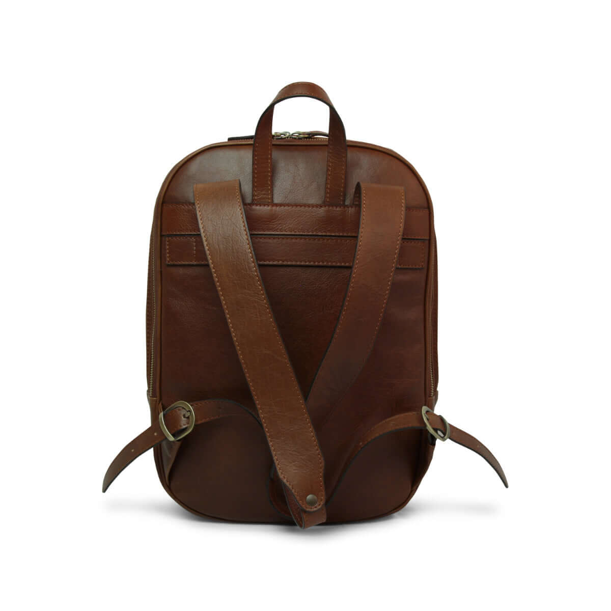 Zaino laptop pelle vitello trolley colore castagna con fascia per trolley e dettagli in pelle morbida.