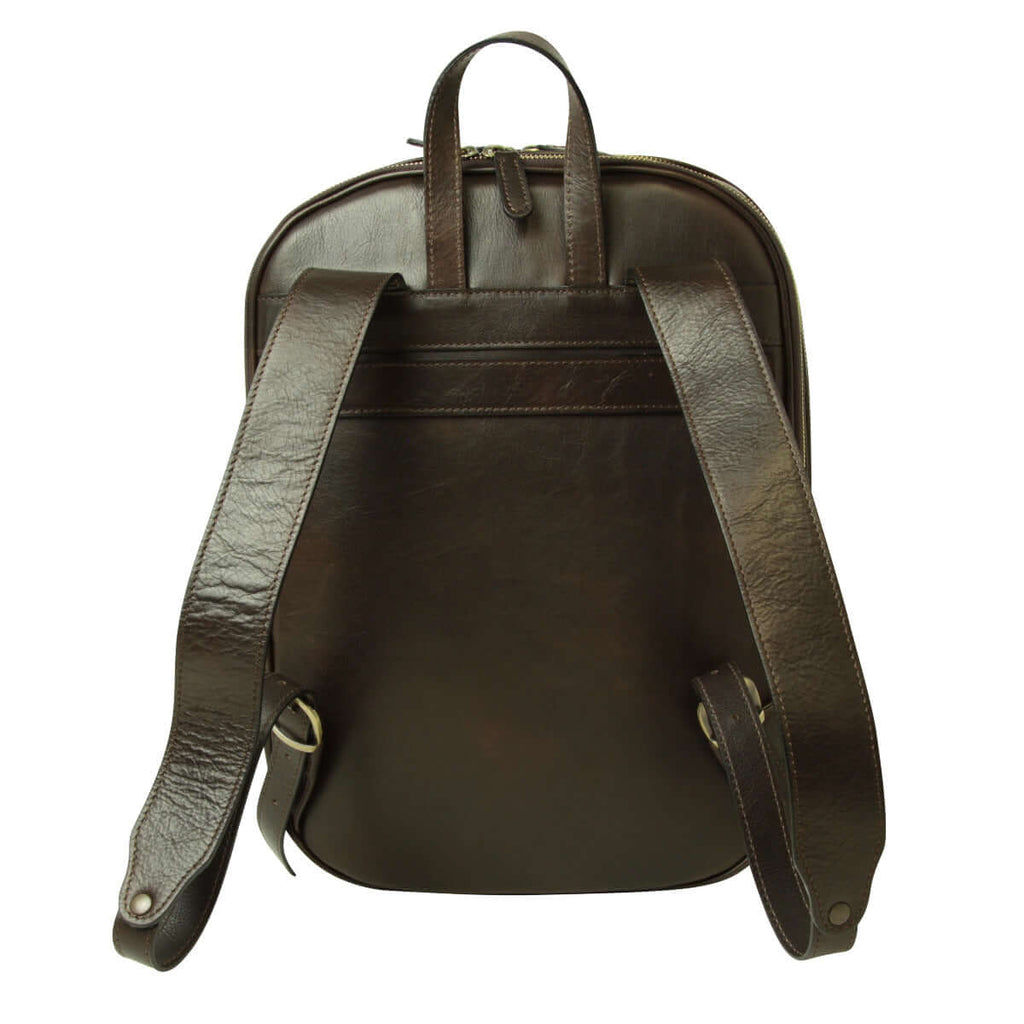 Zaino laptop pelle vitello marrone scuro con spallacci regolabili e fascia per trolley.