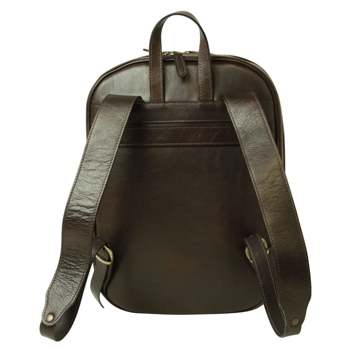 Zaino laptop pelle vitello marrone scuro con spallacci regolabili e fascia per trolley.