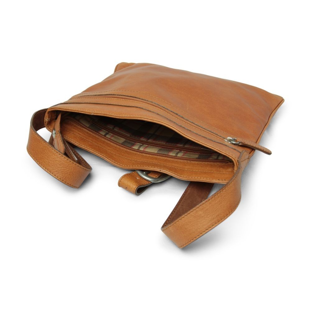 Borsa tracolla in pelle cognac aperta: tasche interne e fodera a righe