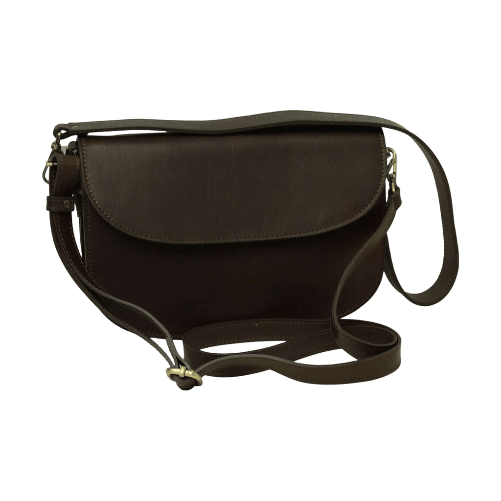 Borsa a tracolla marrone scuro con tracolla in pelle e fibbie metalliche