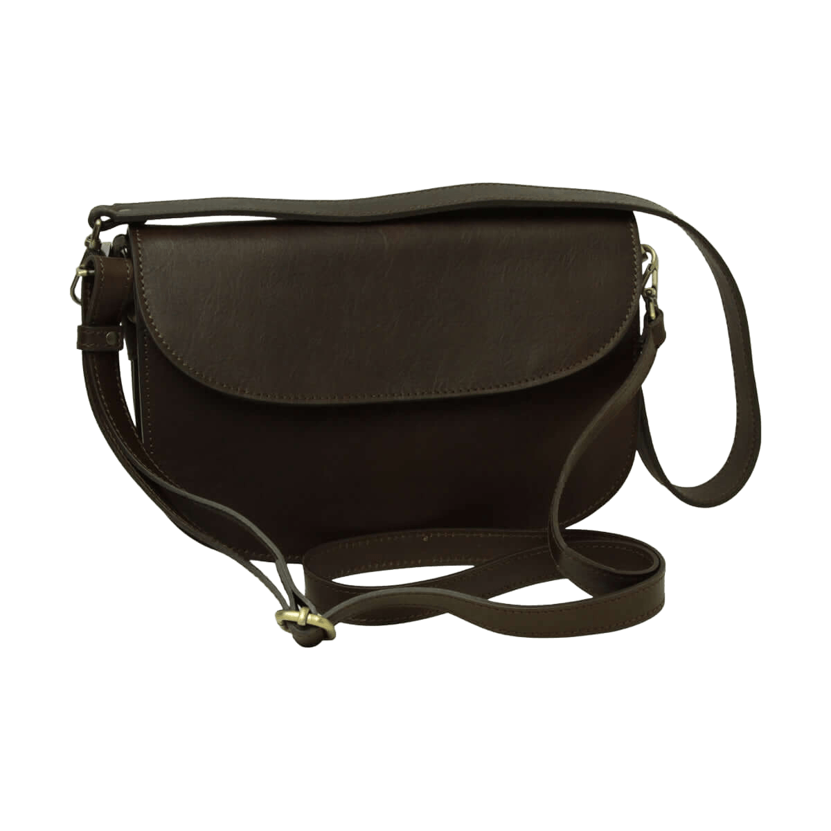 Borsa a tracolla marrone scuro con tracolla in pelle e fibbie metalliche